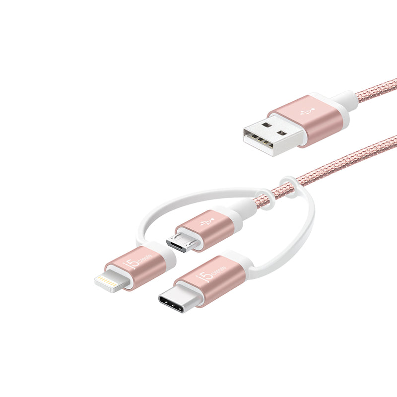 JMLC11 USB-A to MicroB＆Lighting&USB-C 3in1 ケーブル (Black / Rose Gold) 1m